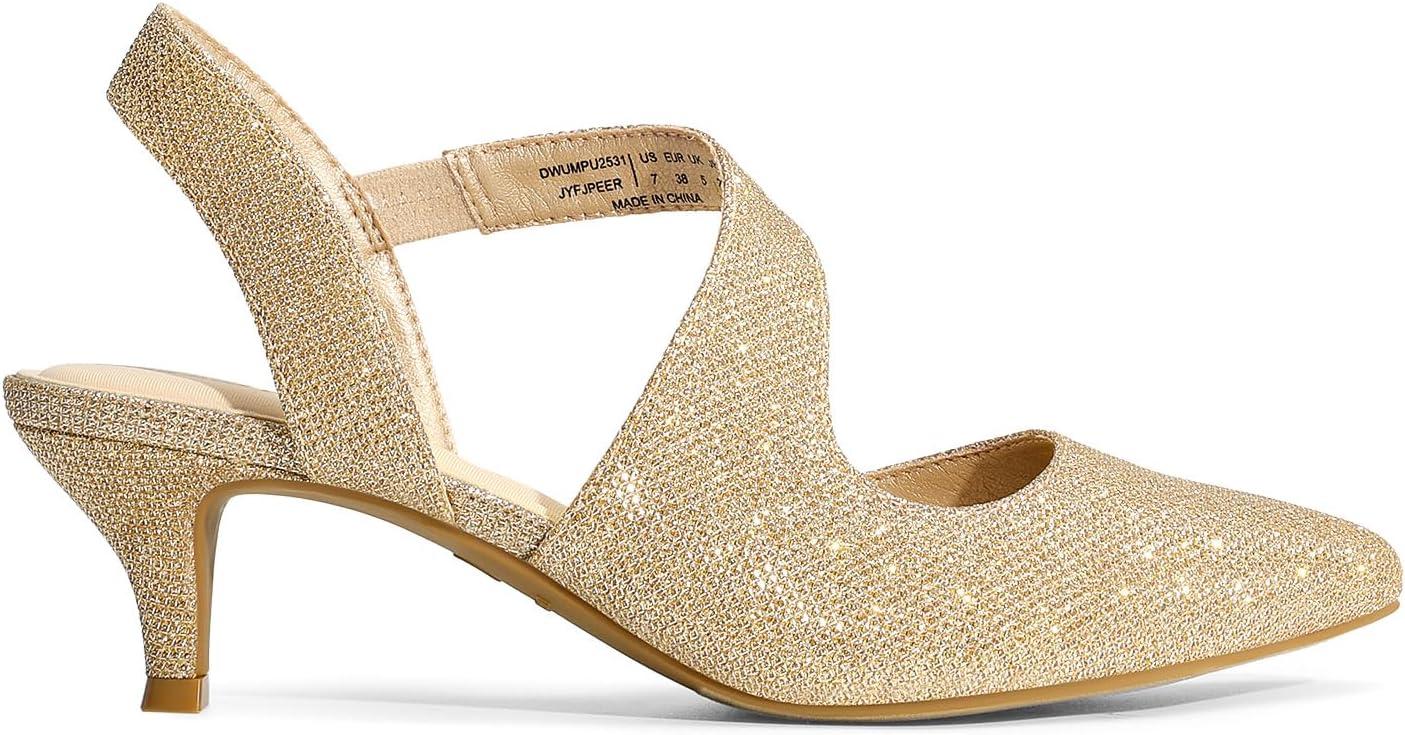 imageDREAM PAIRS Kitten Heels for Women Closed Toe Pointed Toe Low Heel Strappy Pumps Party Dance Wedding Dress Shoes for WomenGold