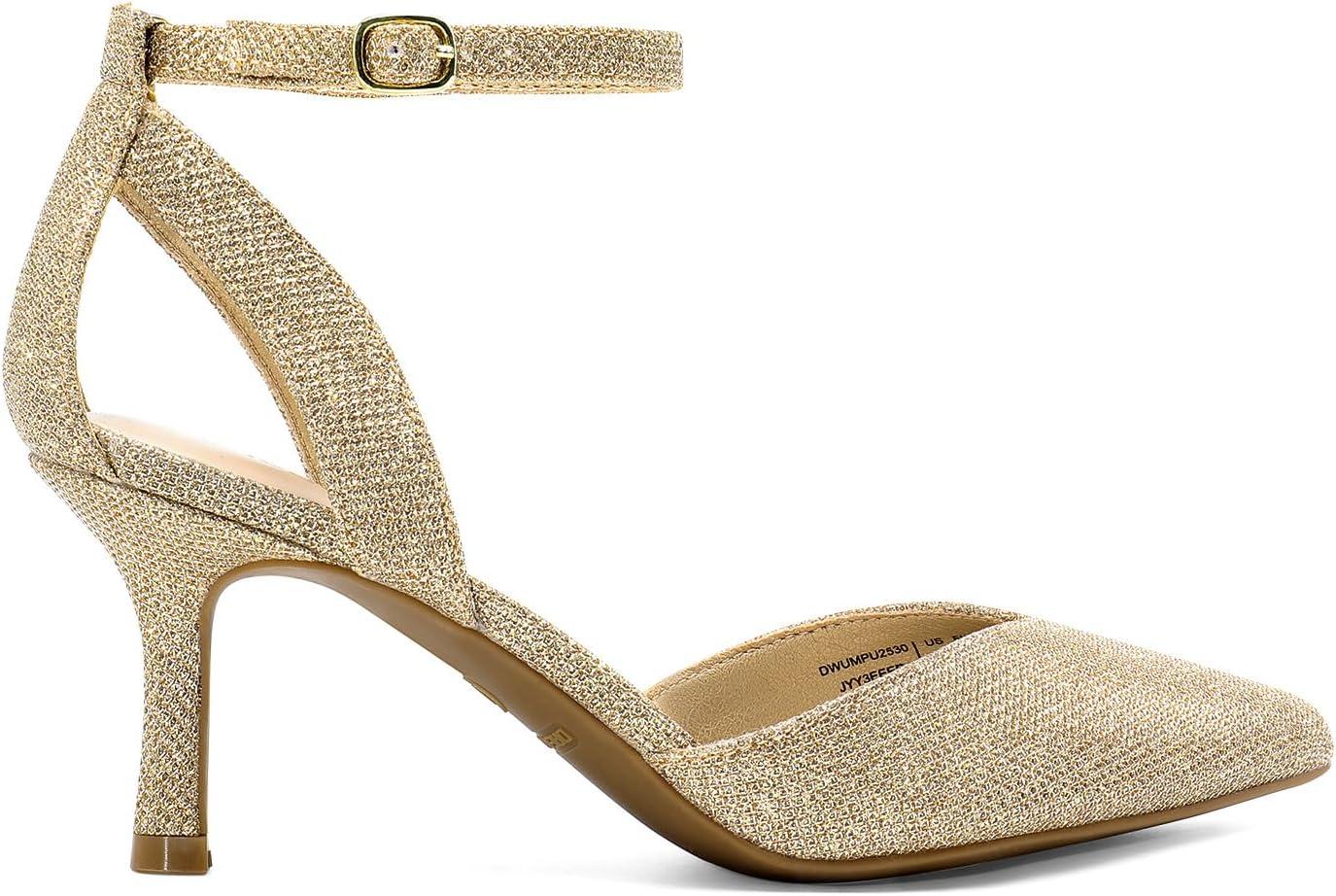 imageDREAM PAIRS Pointed Closed Toe Kitten Heels Stiletto Ankle Strap Womens Pumps Shoes for Women Wedding Party Dress SandalsGoldglitter