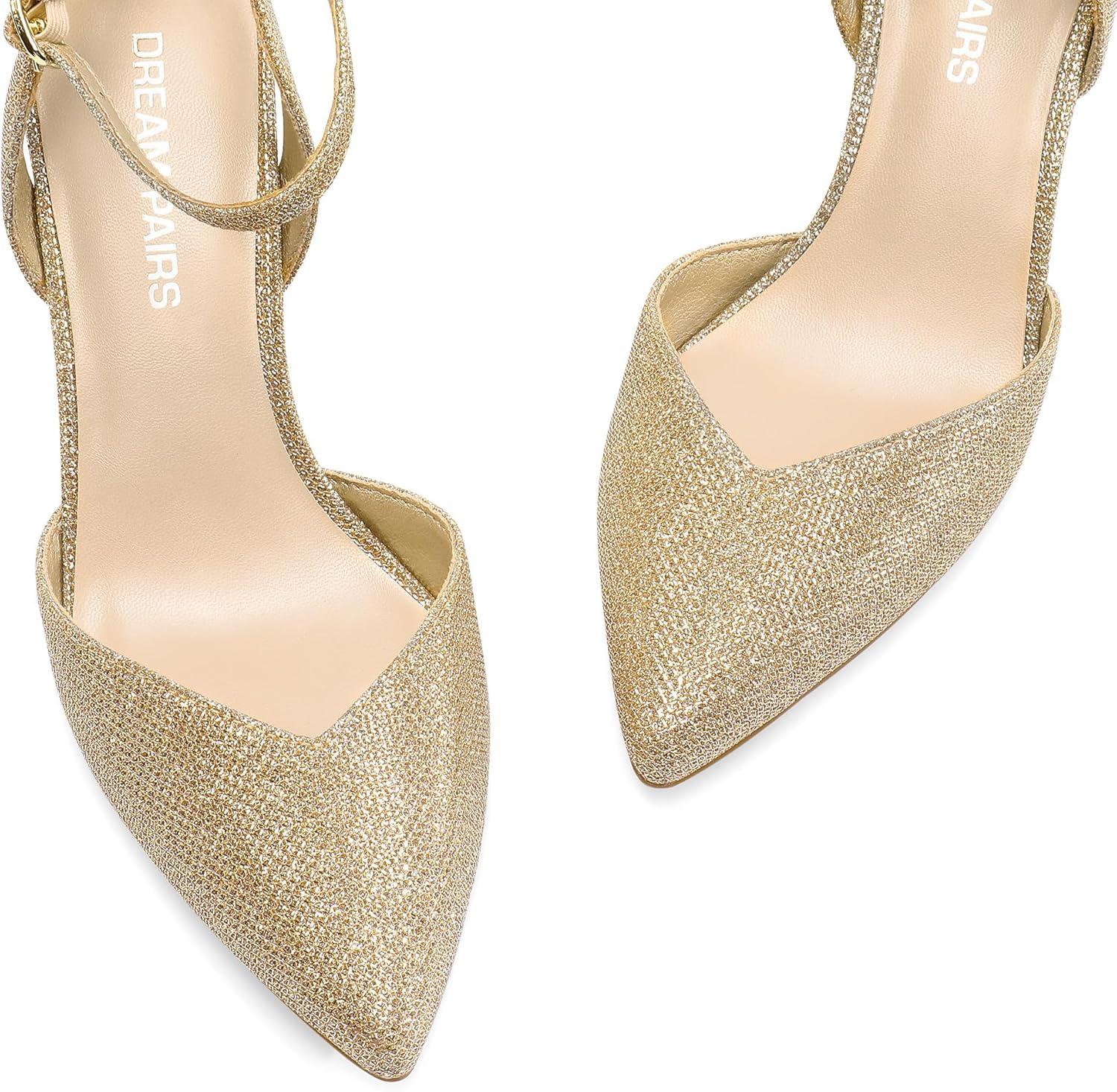 imageDREAM PAIRS Pointed Closed Toe Kitten Heels Stiletto Ankle Strap Womens Pumps Shoes for Women Wedding Party Dress SandalsGoldglitter