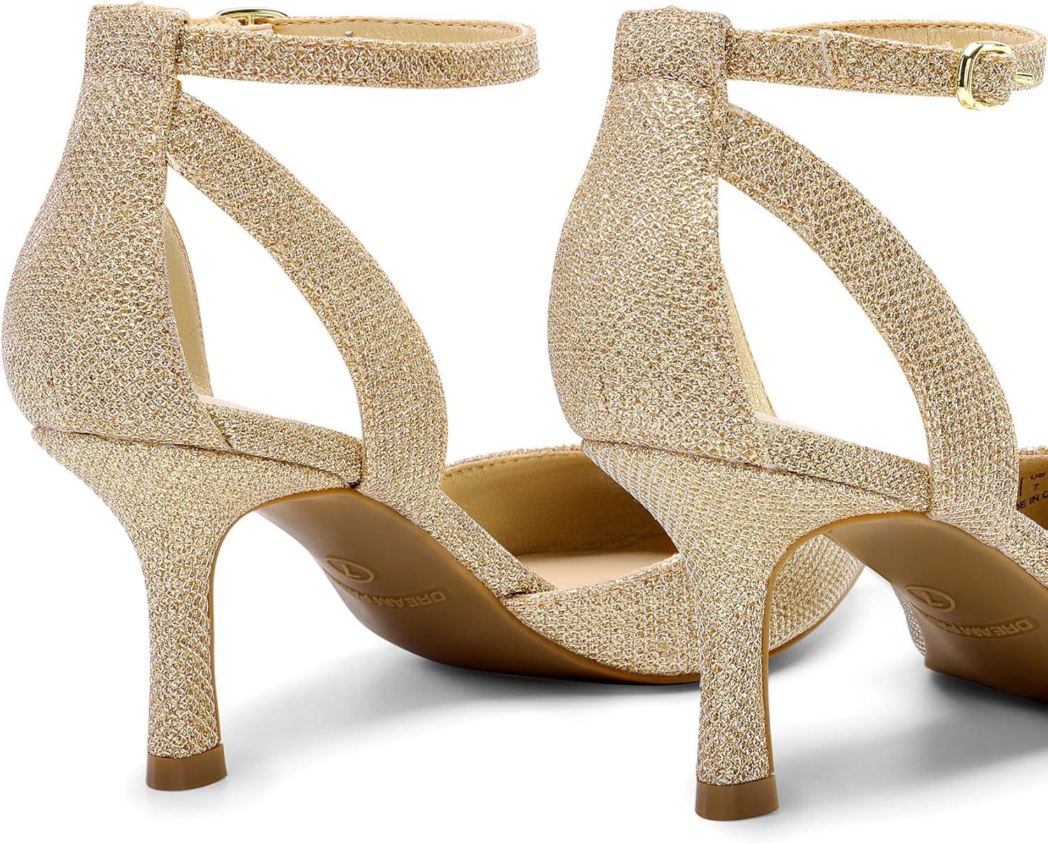 imageDREAM PAIRS Pointed Closed Toe Kitten Heels Stiletto Ankle Strap Womens Pumps Shoes for Women Wedding Party Dress SandalsGoldglitter