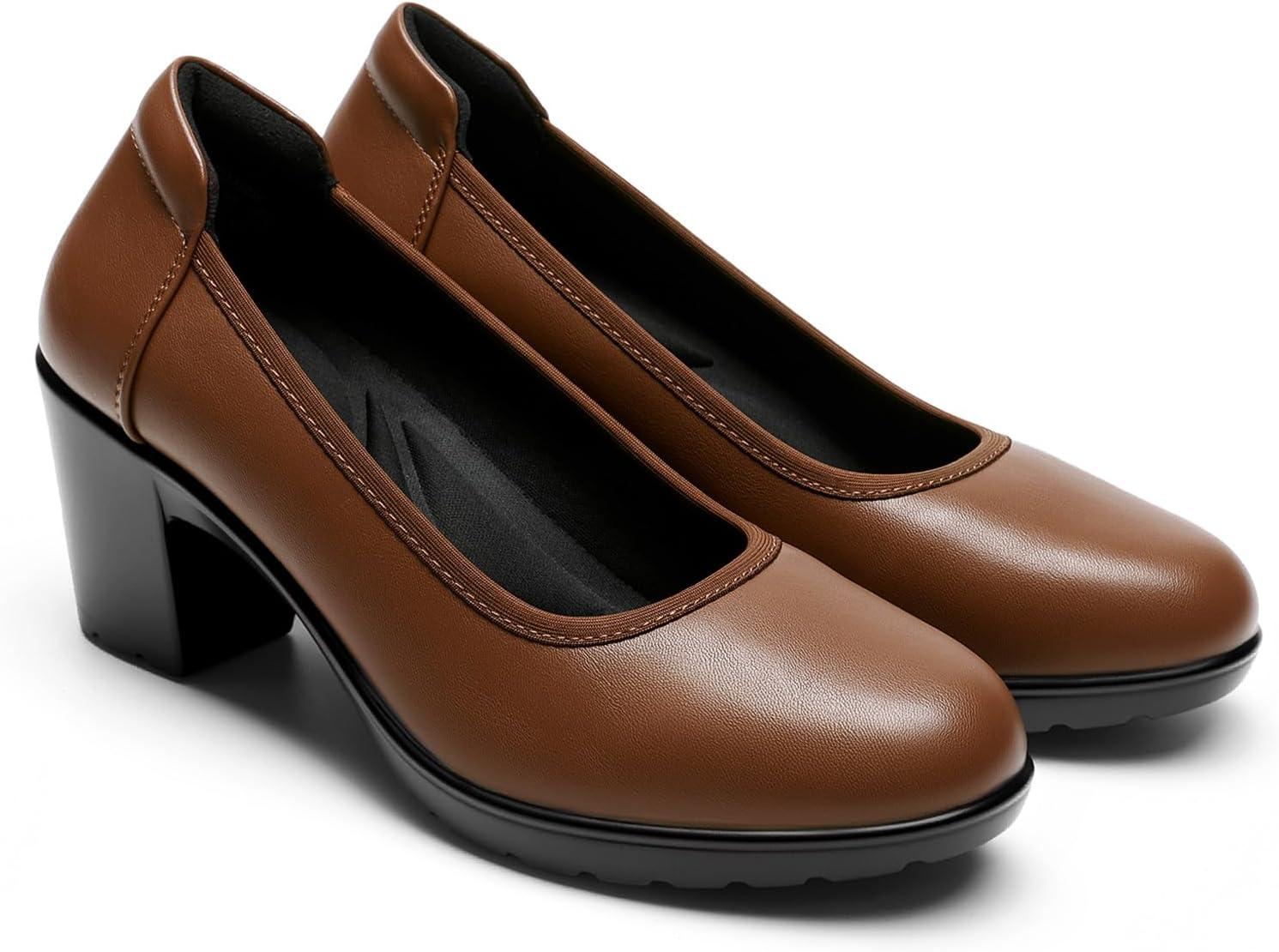 imageDREAM PAIRS Womens Chunky Closed Toe Low Block Heels Work Pumps Comfortable Round Toe Dress Wedding Shoes NereidaTan