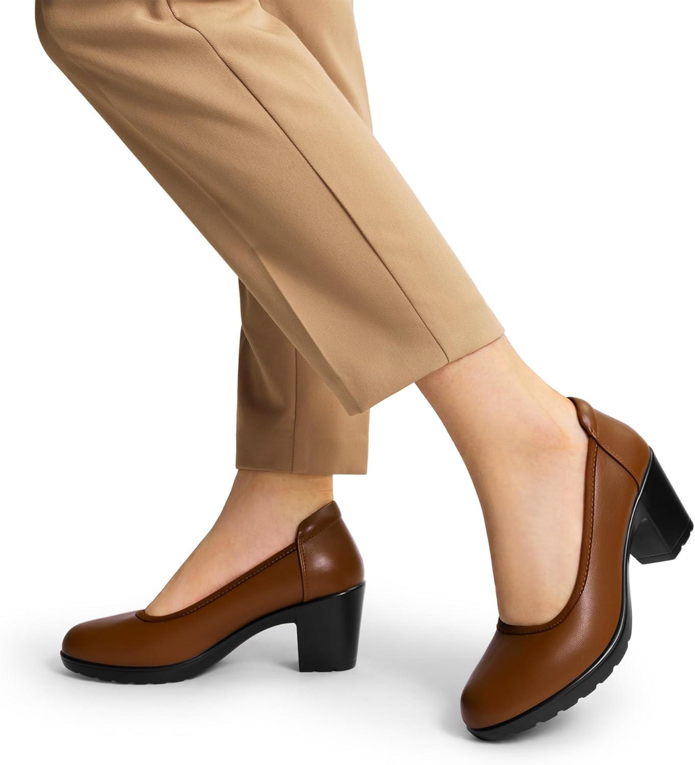 imageDREAM PAIRS Womens Chunky Closed Toe Low Block Heels Work Pumps Comfortable Round Toe Dress Wedding Shoes NereidaTan