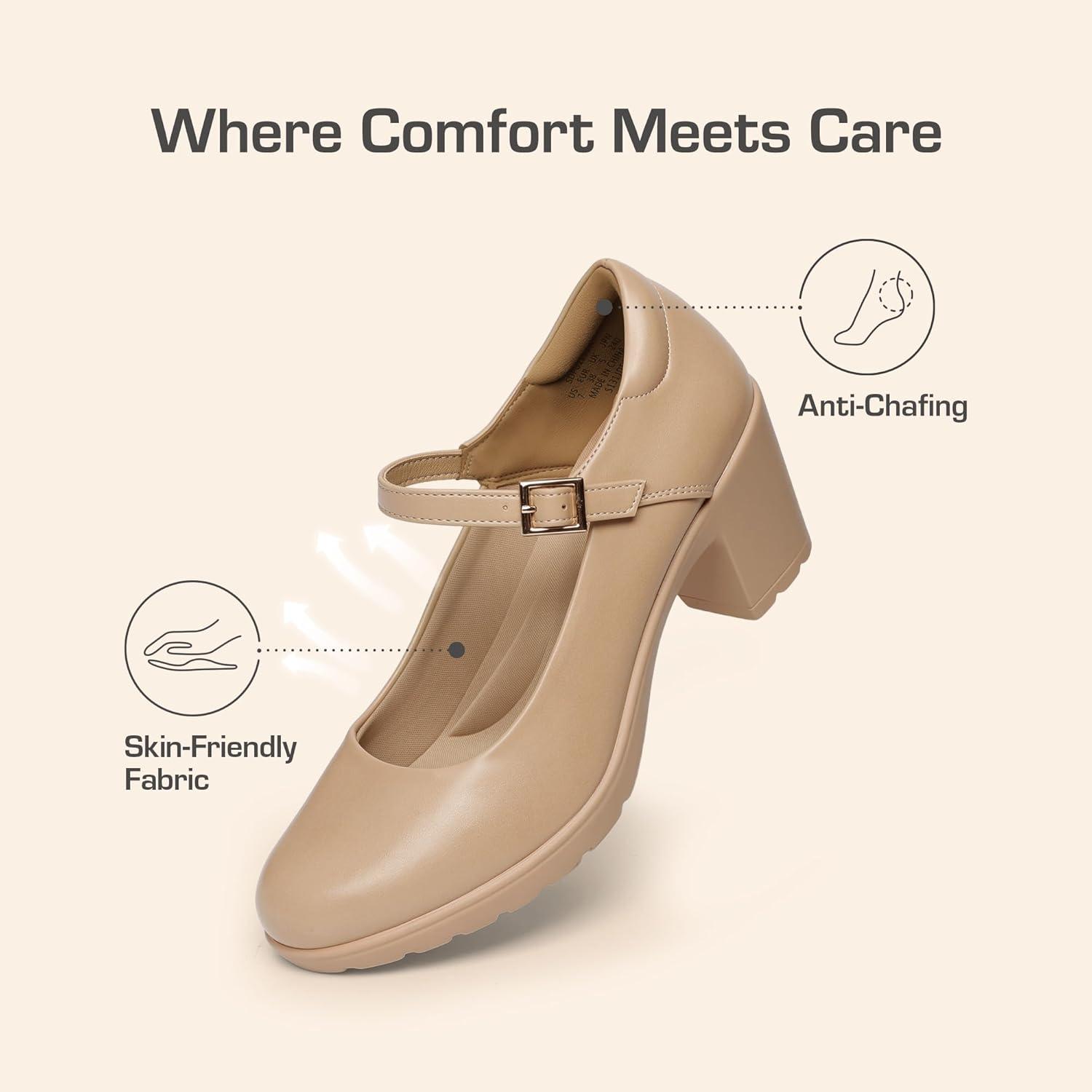 imageDREAM PAIRS Womens Chunky Low Block Heels Mary Jane Closed Toe Work Pumps Comfortable Round Toe Dress Wedding Shoes EDENIANude