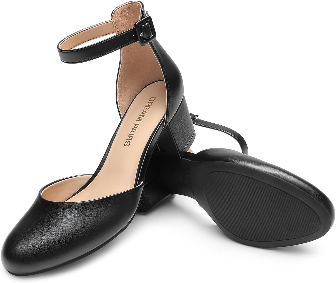 imageDREAM PAIRS Womens Closed Round Toe Low Block Heels Ankle Strap Chunky Heel Pumps Dress Wedding Office Party ShoesBlackpu