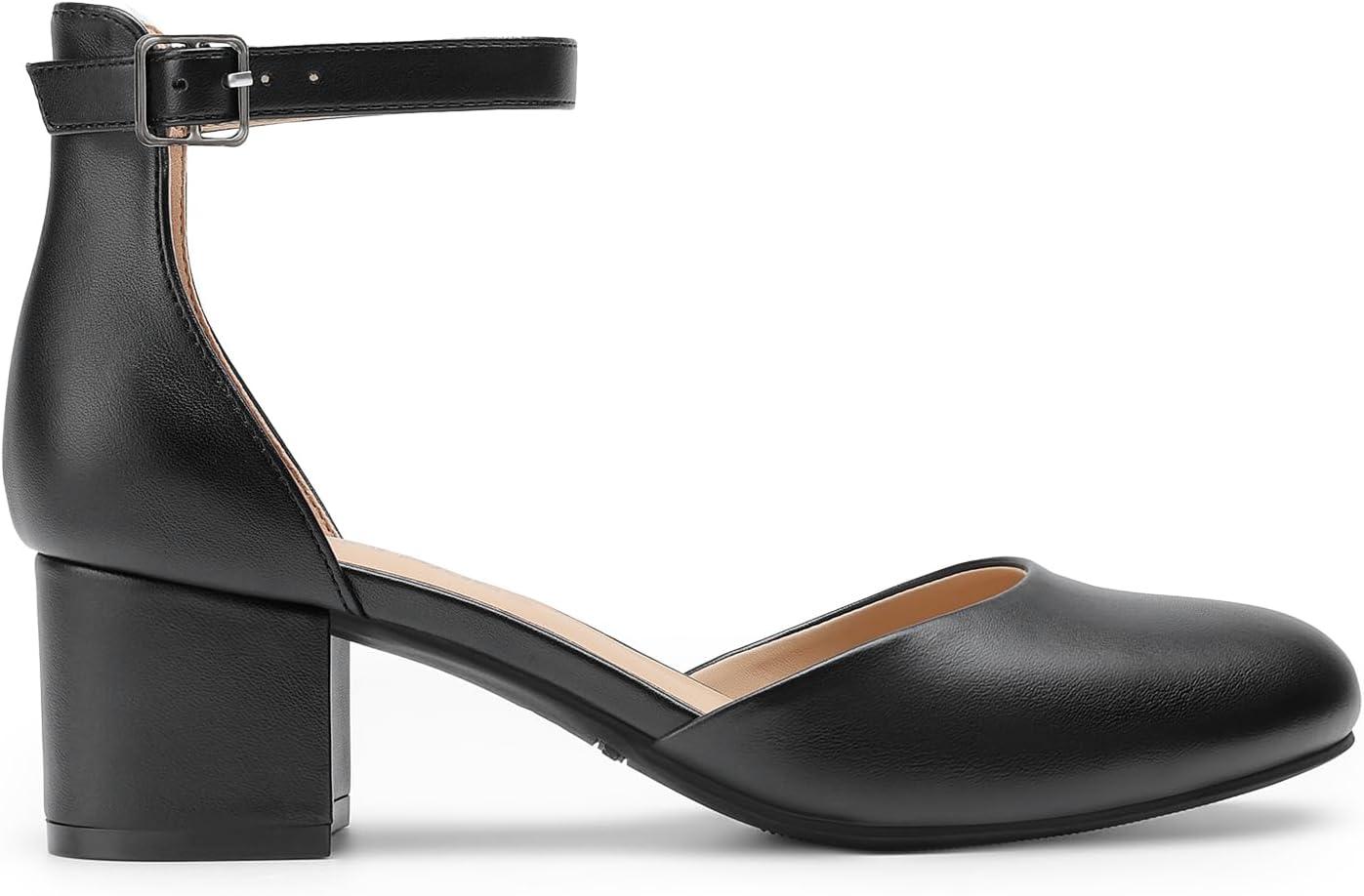 imageDREAM PAIRS Womens Closed Round Toe Low Block Heels Ankle Strap Chunky Heel Pumps Dress Wedding Office Party ShoesBlackpu