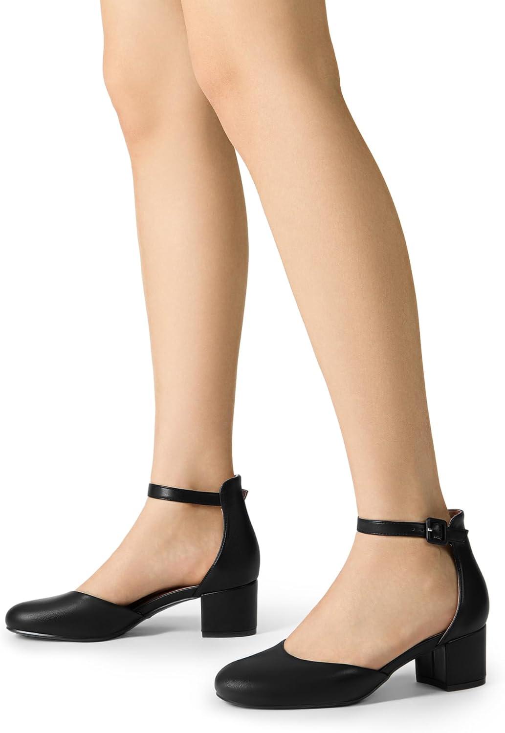 imageDREAM PAIRS Womens Closed Round Toe Low Block Heels Ankle Strap Chunky Heel Pumps Dress Wedding Office Party ShoesBlackpu