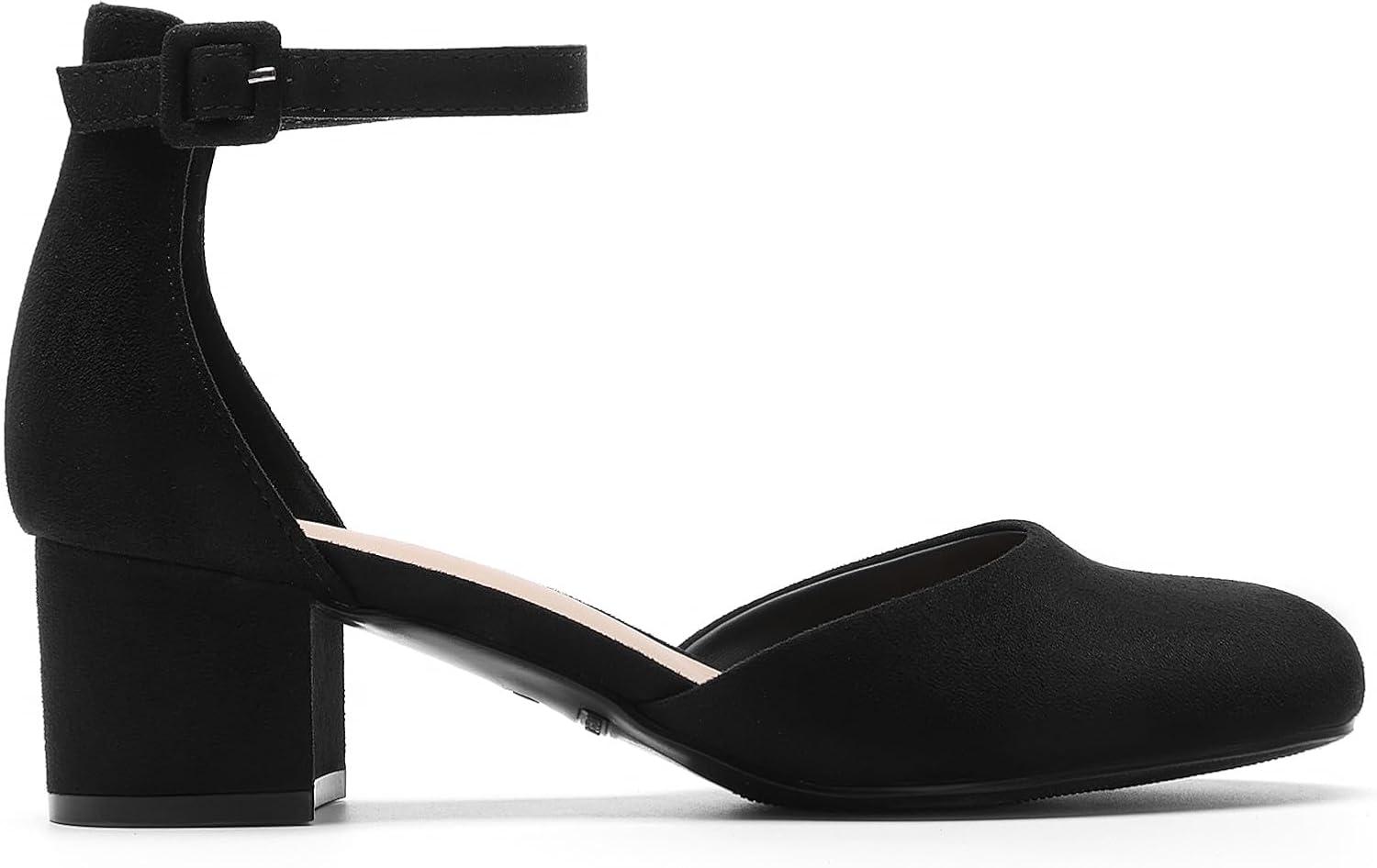 imageDREAM PAIRS Womens Closed Round Toe Low Block Heels Ankle Strap Chunky Heel Pumps Dress Wedding Office Party ShoesBlacksuede