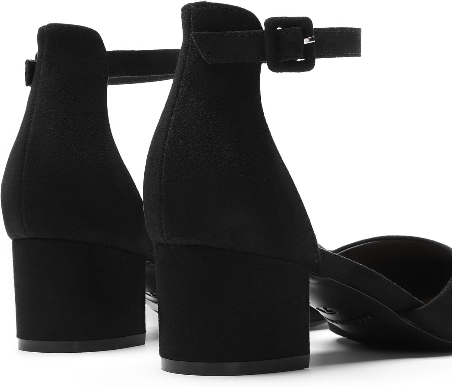 imageDREAM PAIRS Womens Closed Round Toe Low Block Heels Ankle Strap Chunky Heel Pumps Dress Wedding Office Party ShoesBlacksuede