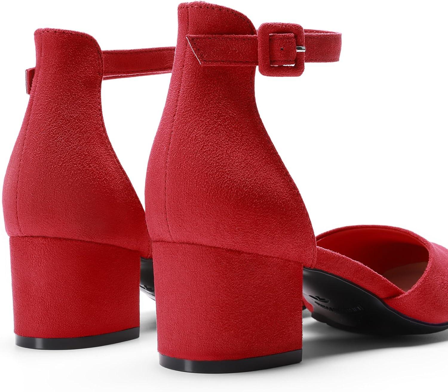 imageDREAM PAIRS Womens Closed Round Toe Low Block Heels Ankle Strap Chunky Heel Pumps Dress Wedding Office Party ShoesRed