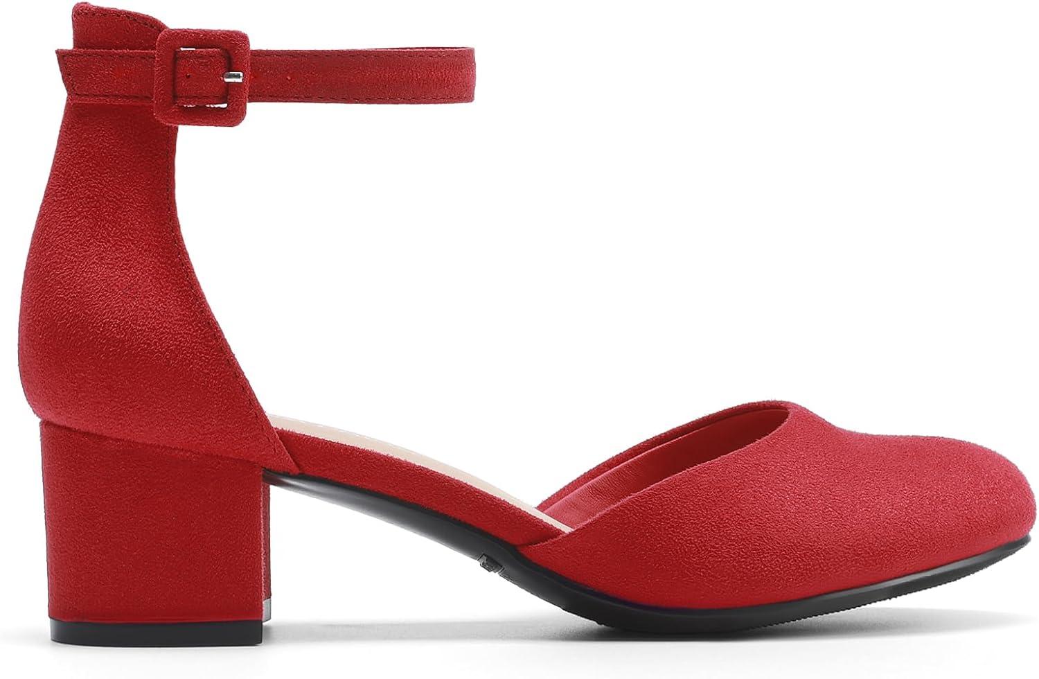 imageDREAM PAIRS Womens Closed Round Toe Low Block Heels Ankle Strap Chunky Heel Pumps Dress Wedding Office Party ShoesRed