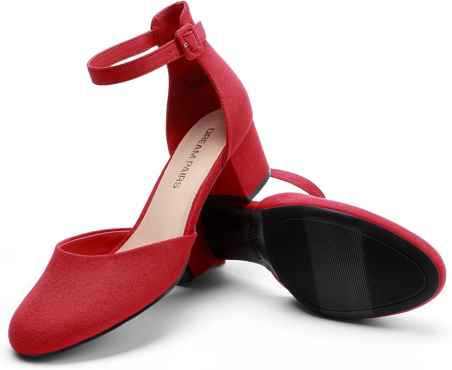 imageDREAM PAIRS Womens Closed Round Toe Low Block Heels Ankle Strap Chunky Heel Pumps Dress Wedding Office Party ShoesRed