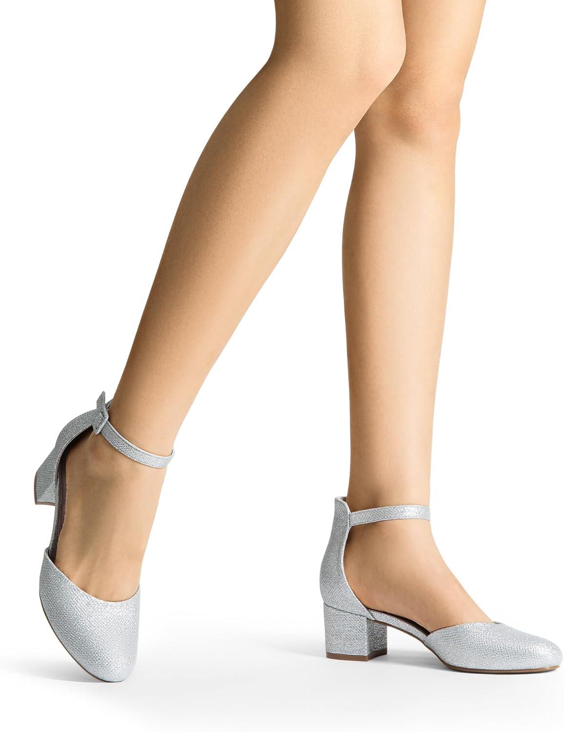 imageDREAM PAIRS Womens Closed Round Toe Low Block Heels Ankle Strap Chunky Heel Pumps Dress Wedding Office Party ShoesSilver