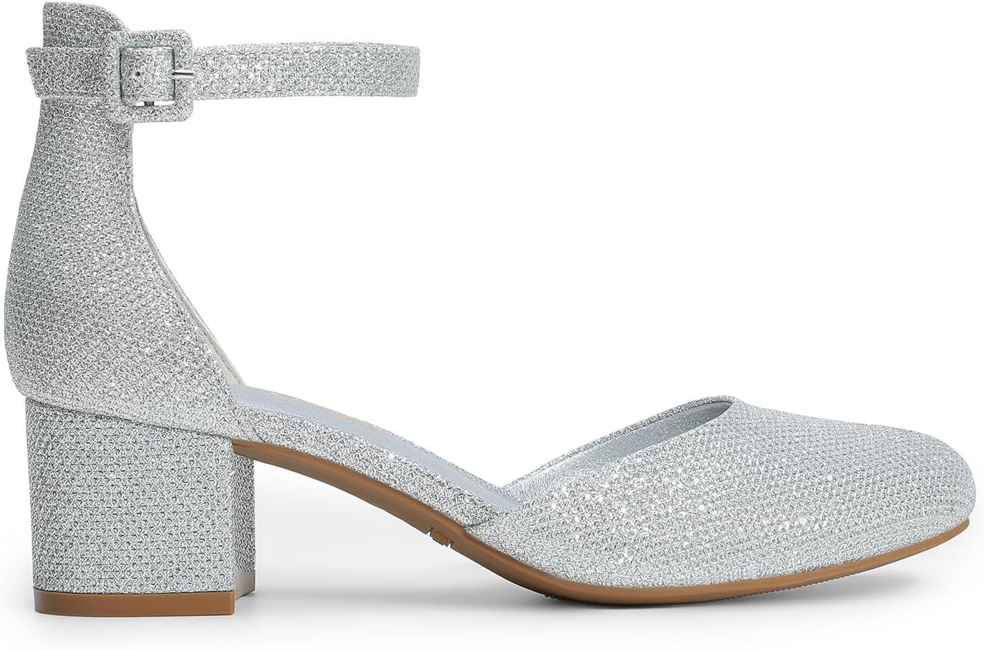 imageDREAM PAIRS Womens Closed Round Toe Low Block Heels Ankle Strap Chunky Heel Pumps Dress Wedding Office Party ShoesSilver