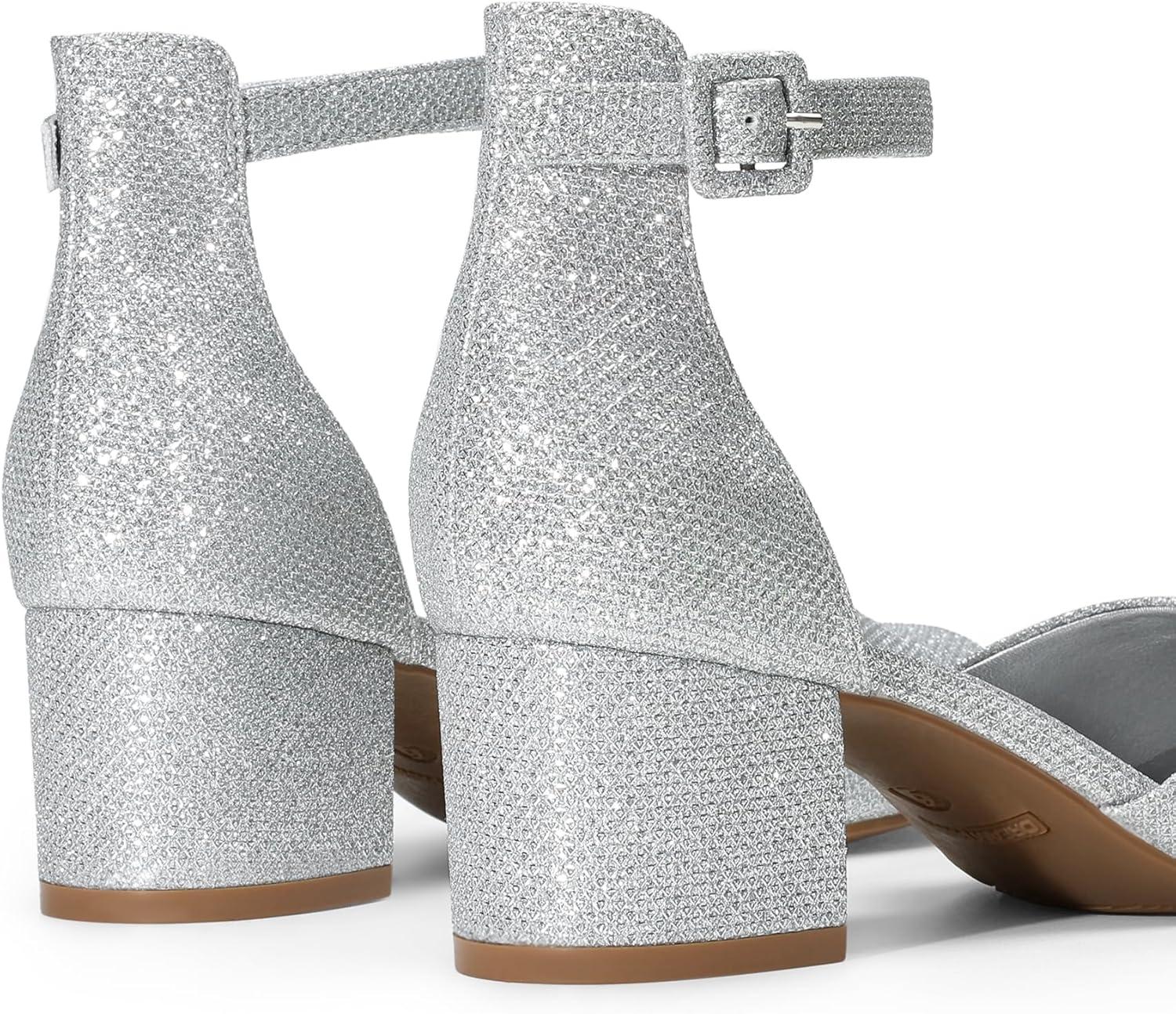 imageDREAM PAIRS Womens Closed Round Toe Low Block Heels Ankle Strap Chunky Heel Pumps Dress Wedding Office Party ShoesSilver