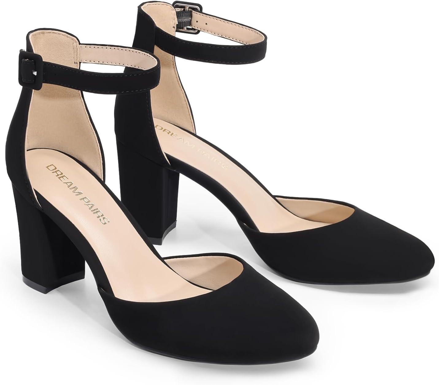 imageDREAM PAIRS Womens Closed Toe Chunky Heels Ankle Strap Low Block Heels Round Toe Dress Bridal Wedding Pumps ShoesBlacknubuck