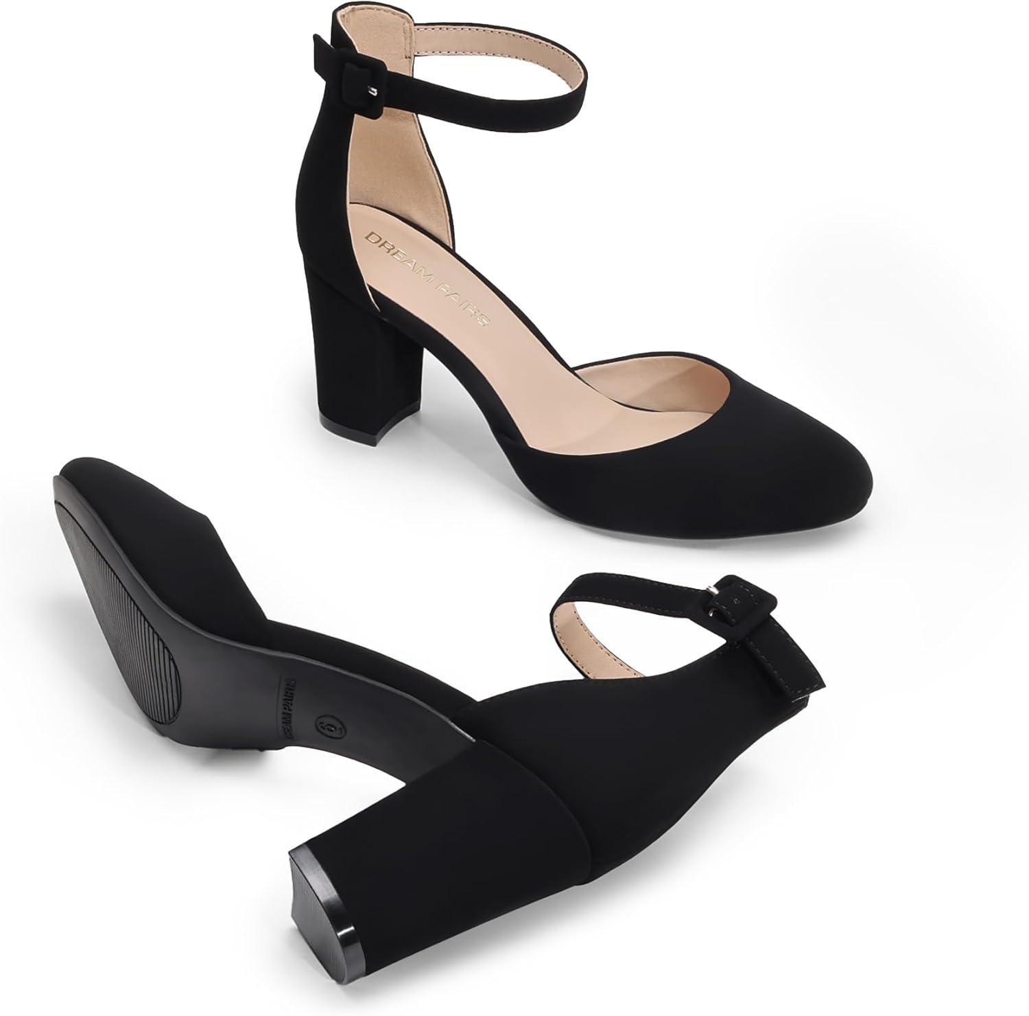 imageDREAM PAIRS Womens Closed Toe Chunky Heels Ankle Strap Low Block Heels Round Toe Dress Bridal Wedding Pumps ShoesBlacknubuck