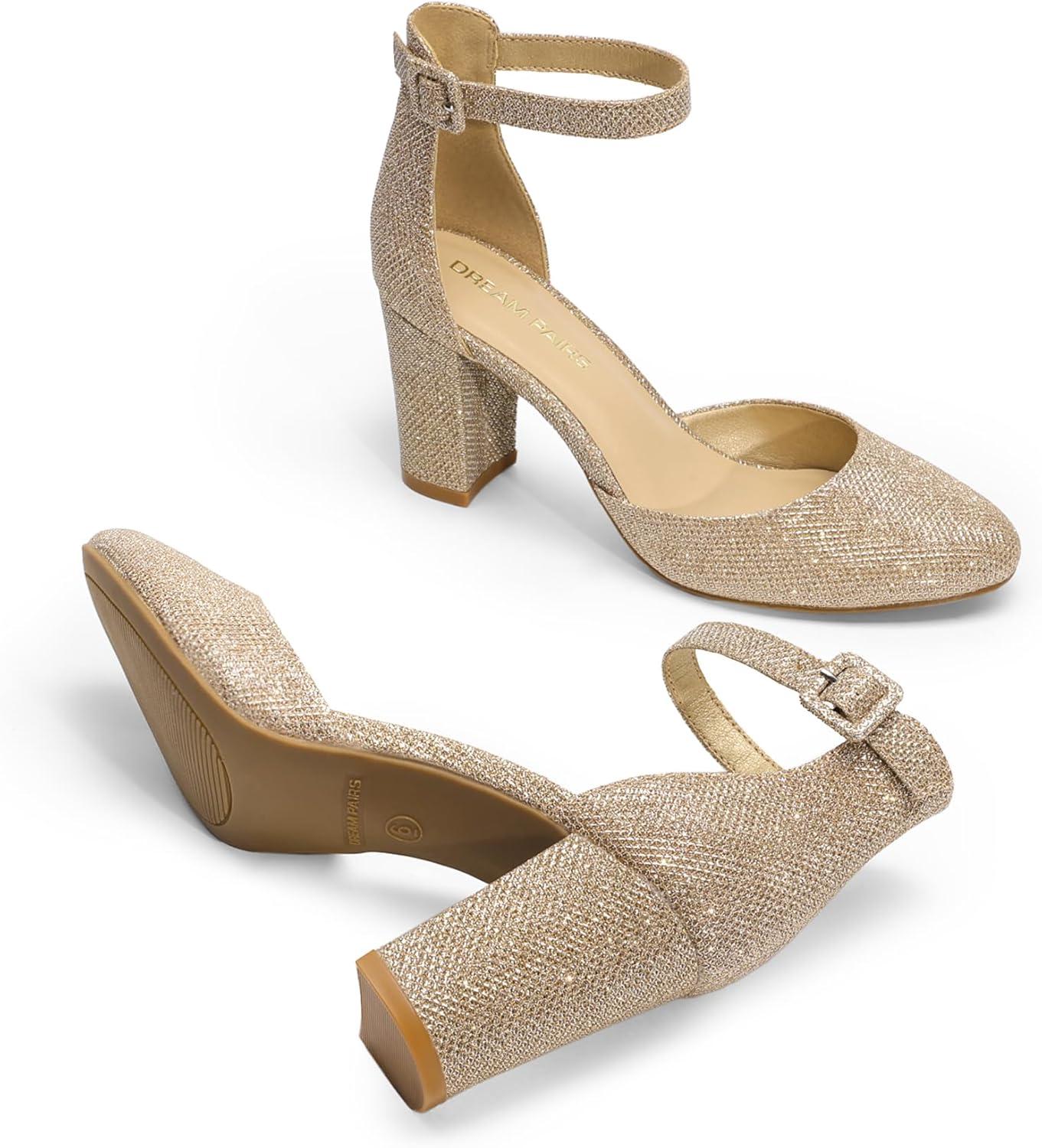 imageDREAM PAIRS Womens Closed Toe Chunky Heels Ankle Strap Low Block Heels Round Toe Dress Bridal Wedding Pumps ShoesGoldglitter