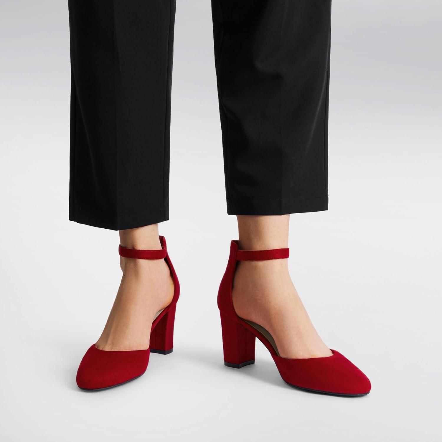 imageDREAM PAIRS Womens Closed Toe Chunky Heels Ankle Strap Low Block Heels Round Toe Dress Bridal Wedding Pumps ShoesRed