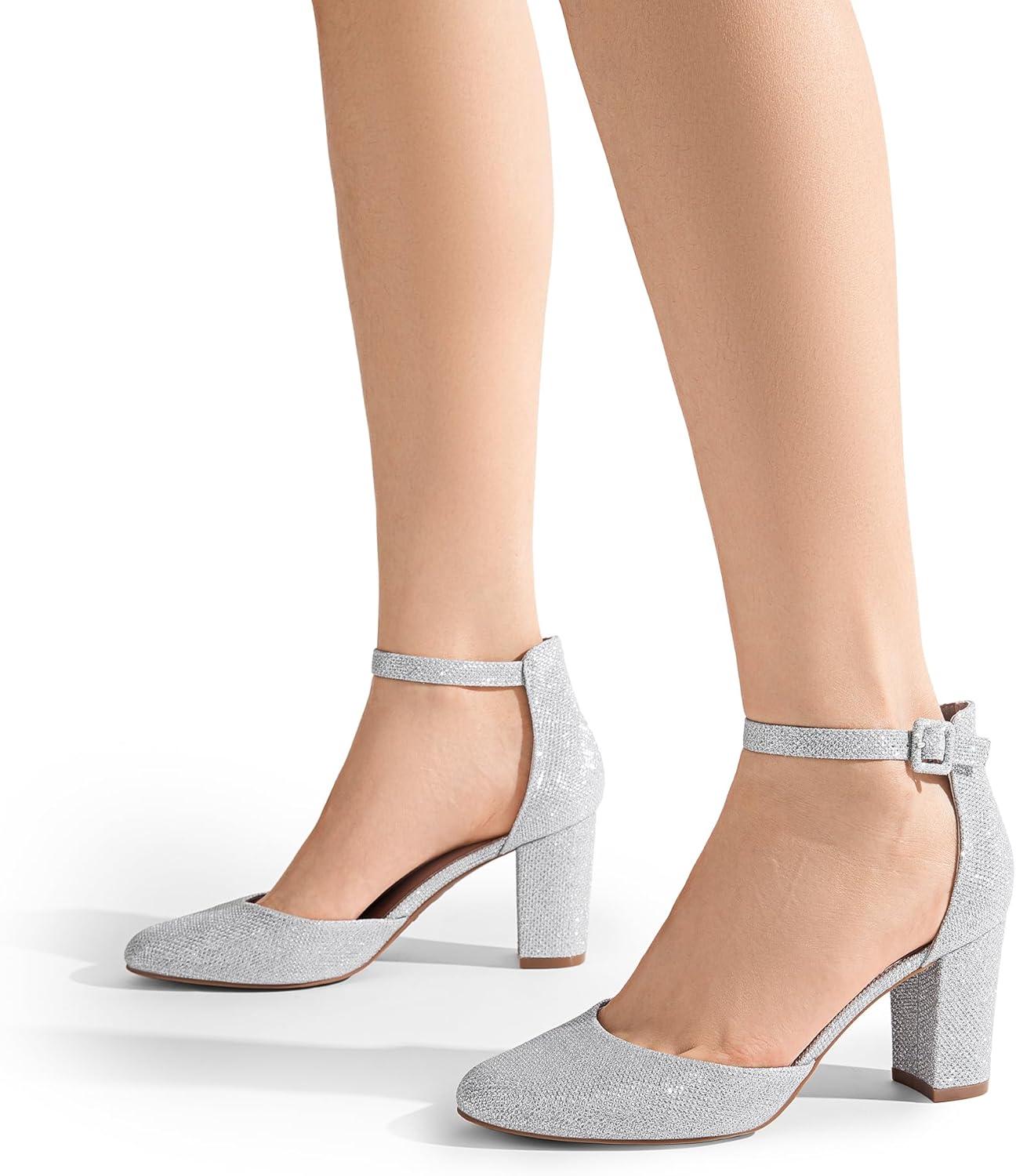 imageDREAM PAIRS Womens Closed Toe Chunky Heels Ankle Strap Low Block Heels Round Toe Dress Bridal Wedding Pumps ShoesSilverglitter