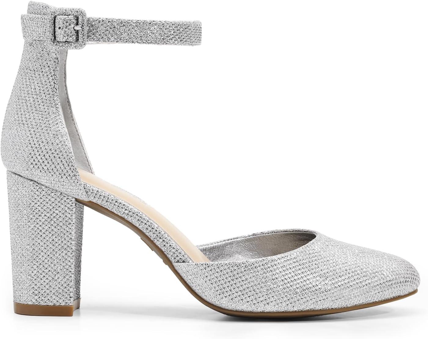 imageDREAM PAIRS Womens Closed Toe Chunky Heels Ankle Strap Low Block Heels Round Toe Dress Bridal Wedding Pumps ShoesSilverglitter