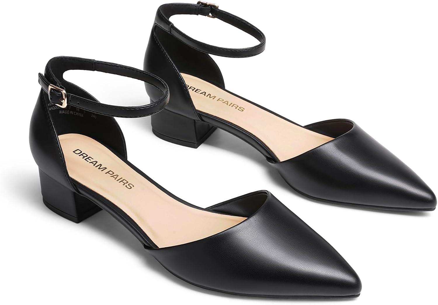 imageDREAM PAIRS Womens Dress Shoes Low Heel Pumps Closed Pointed Toe Comfort Casual DOrsay Flats Ankle StrapBlackpu
