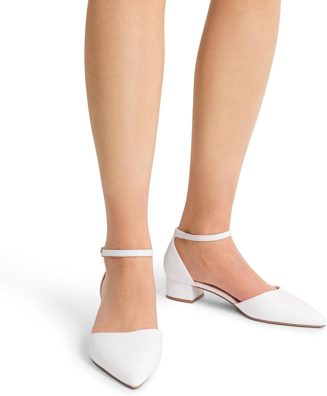 imageDREAM PAIRS Womens Dress Shoes Low Heel Pumps Closed Pointed Toe Comfort Casual DOrsay Flats Ankle StrapWhite