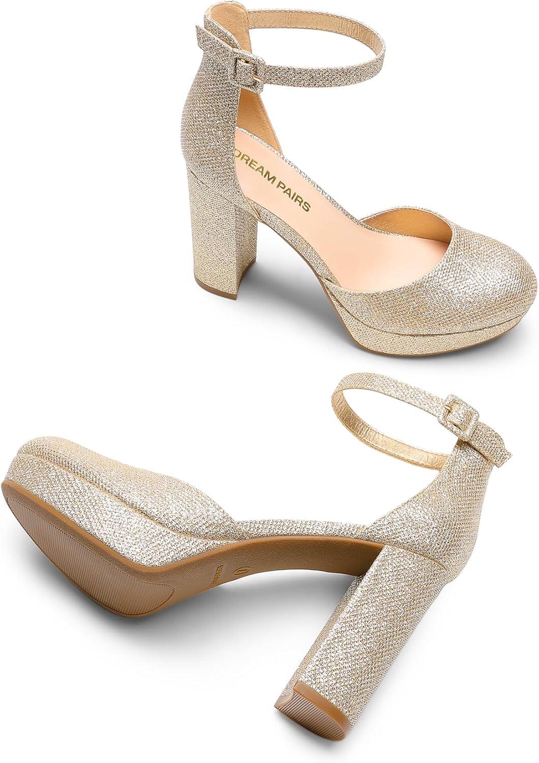 imageDREAM PAIRS Womens Platform Chunky High Heels Closed Toe Block Ankle Strap Dress Bridal Party Wedding ShoesGold