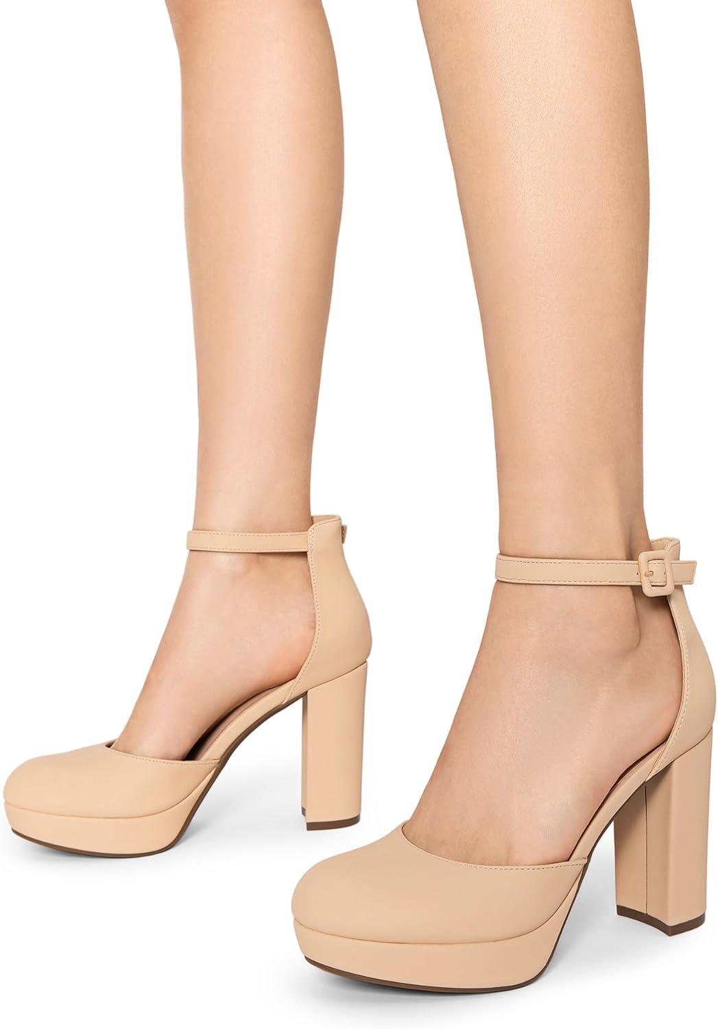 imageDREAM PAIRS Womens Platform Chunky High Heels Closed Toe Block Ankle Strap Dress Bridal Party Wedding ShoesNude