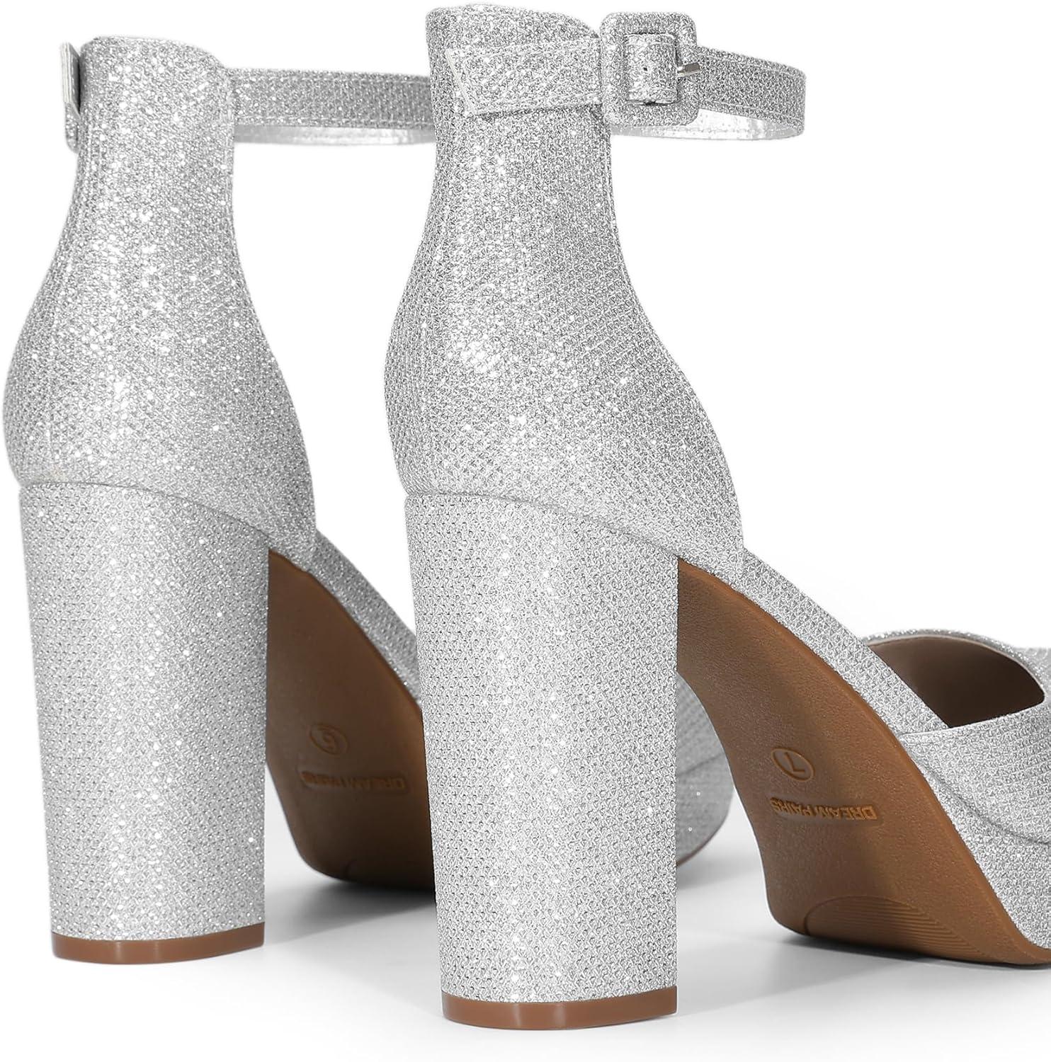 imageDREAM PAIRS Womens Platform Chunky High Heels Closed Toe Block Ankle Strap Dress Bridal Party Wedding ShoesSilver