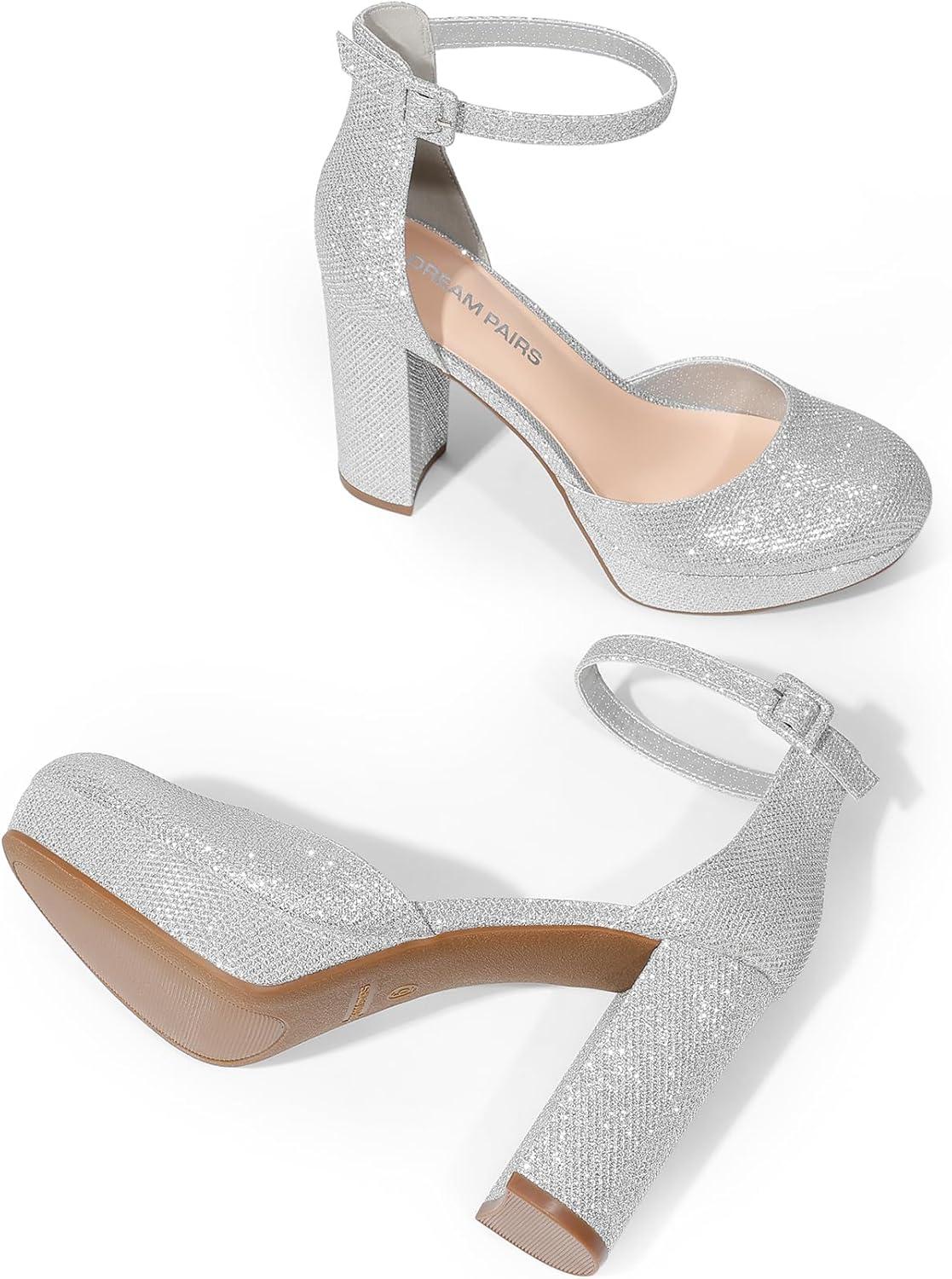 imageDREAM PAIRS Womens Platform Chunky High Heels Closed Toe Block Ankle Strap Dress Bridal Party Wedding ShoesSilver