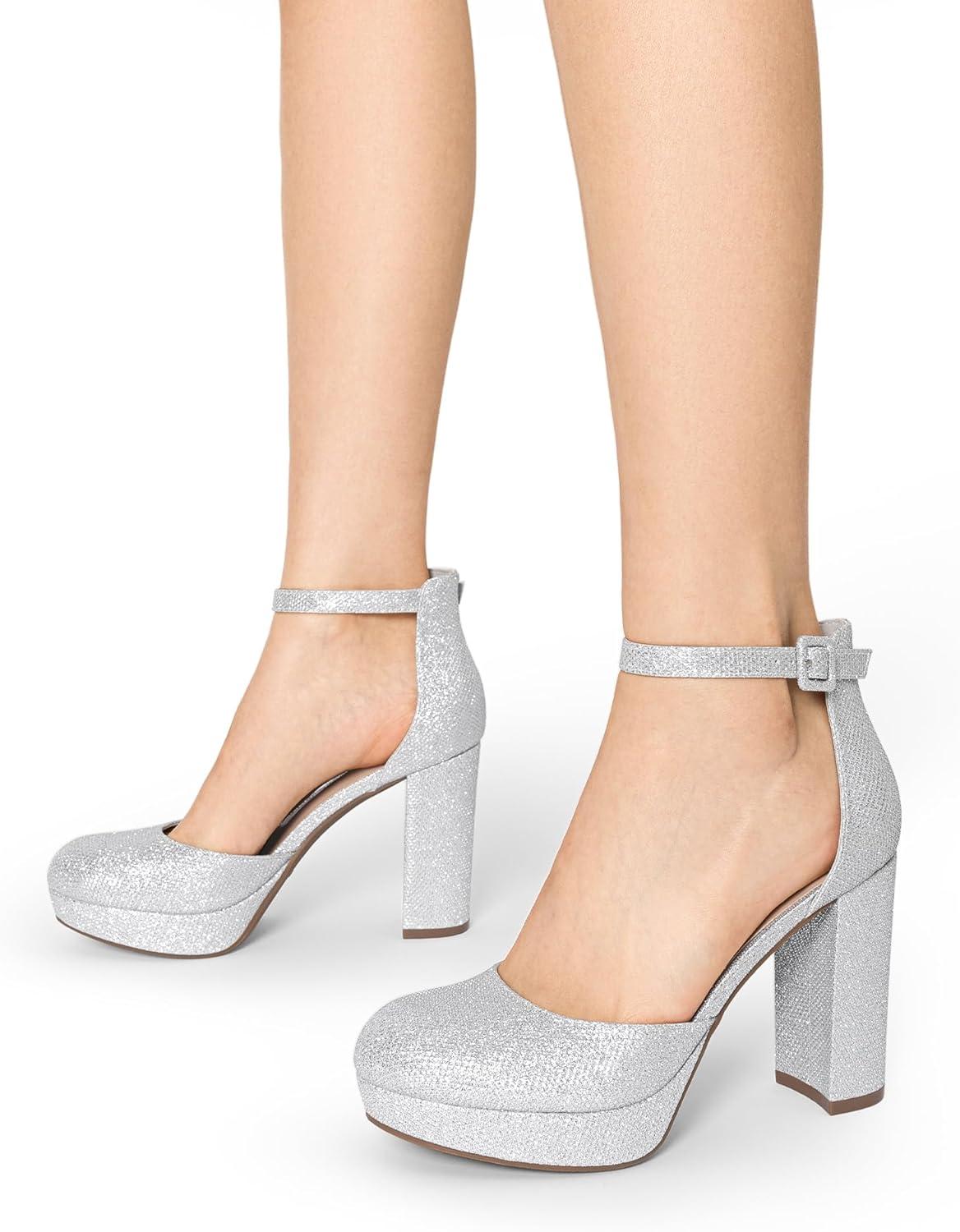 imageDREAM PAIRS Womens Platform Chunky High Heels Closed Toe Block Ankle Strap Dress Bridal Party Wedding ShoesSilver