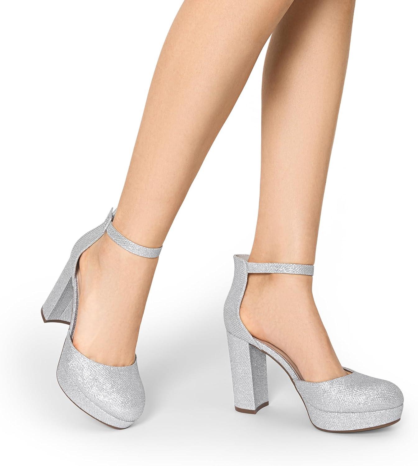 imageDREAM PAIRS Womens Platform Chunky High Heels Closed Toe Block Ankle Strap Dress Bridal Party Wedding ShoesSilver