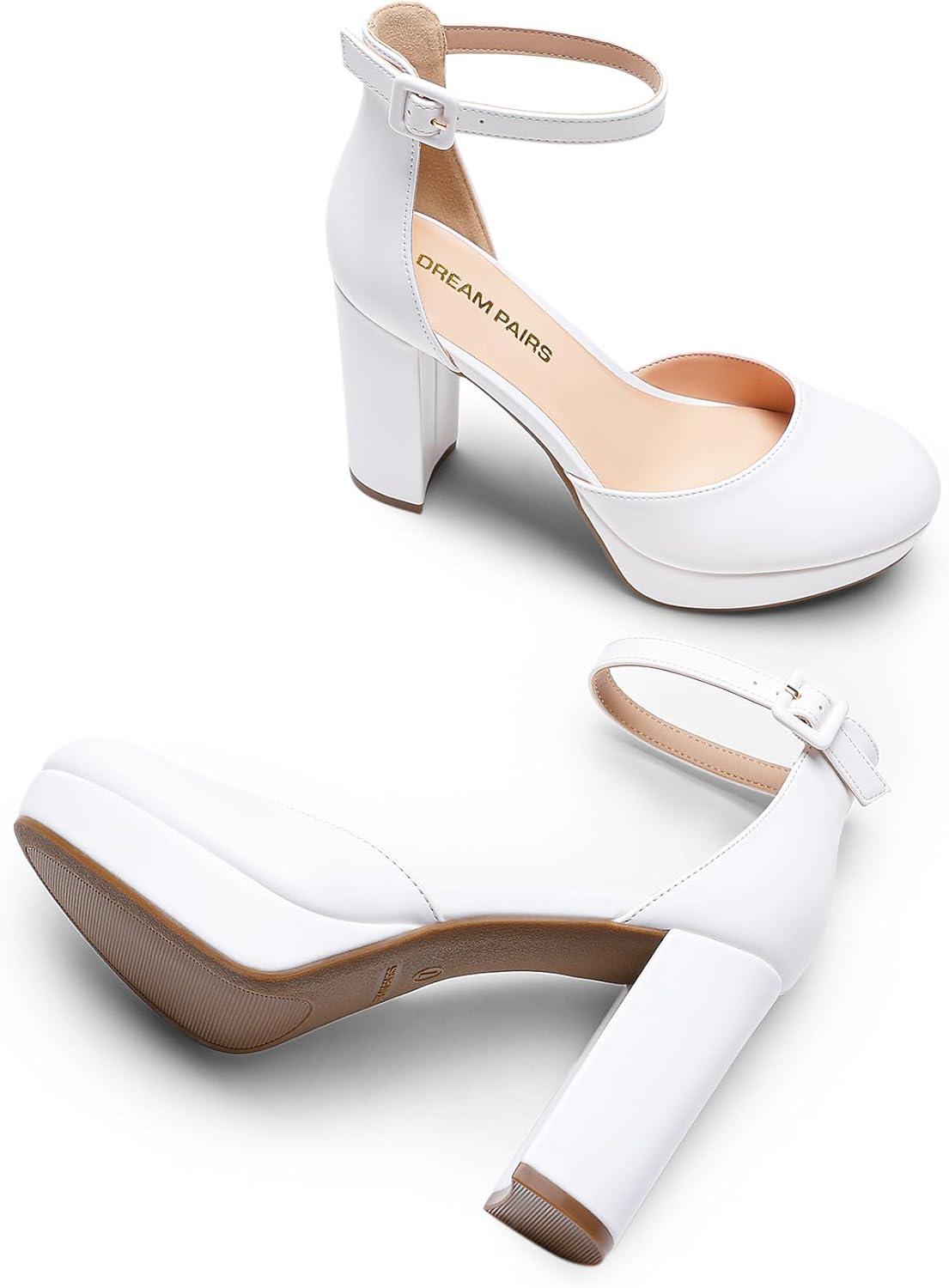 imageDREAM PAIRS Womens Platform Chunky High Heels Closed Toe Block Ankle Strap Dress Bridal Party Wedding ShoesWhite