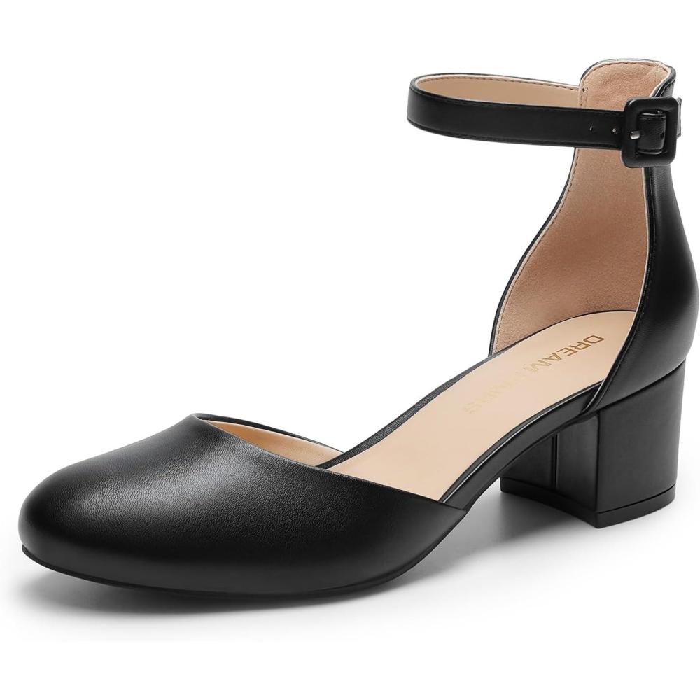 imageDREAM PAIRS Womens Closed Round Toe Low Block Heels Ankle Strap Chunky Heel Pumps Dress Wedding Office Party ShoesBlackpu