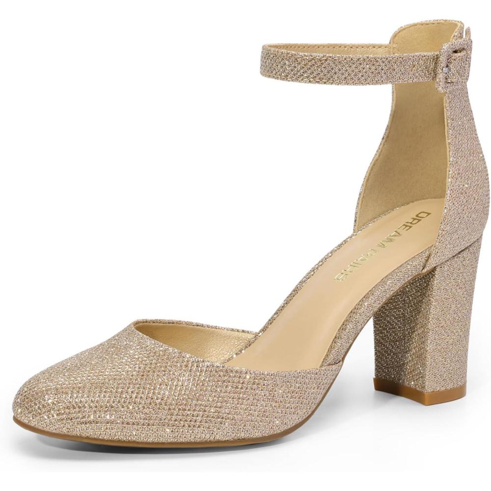 imageDREAM PAIRS Womens Closed Toe Chunky Heels Ankle Strap Low Block Heels Round Toe Dress Bridal Wedding Pumps ShoesGoldglitter
