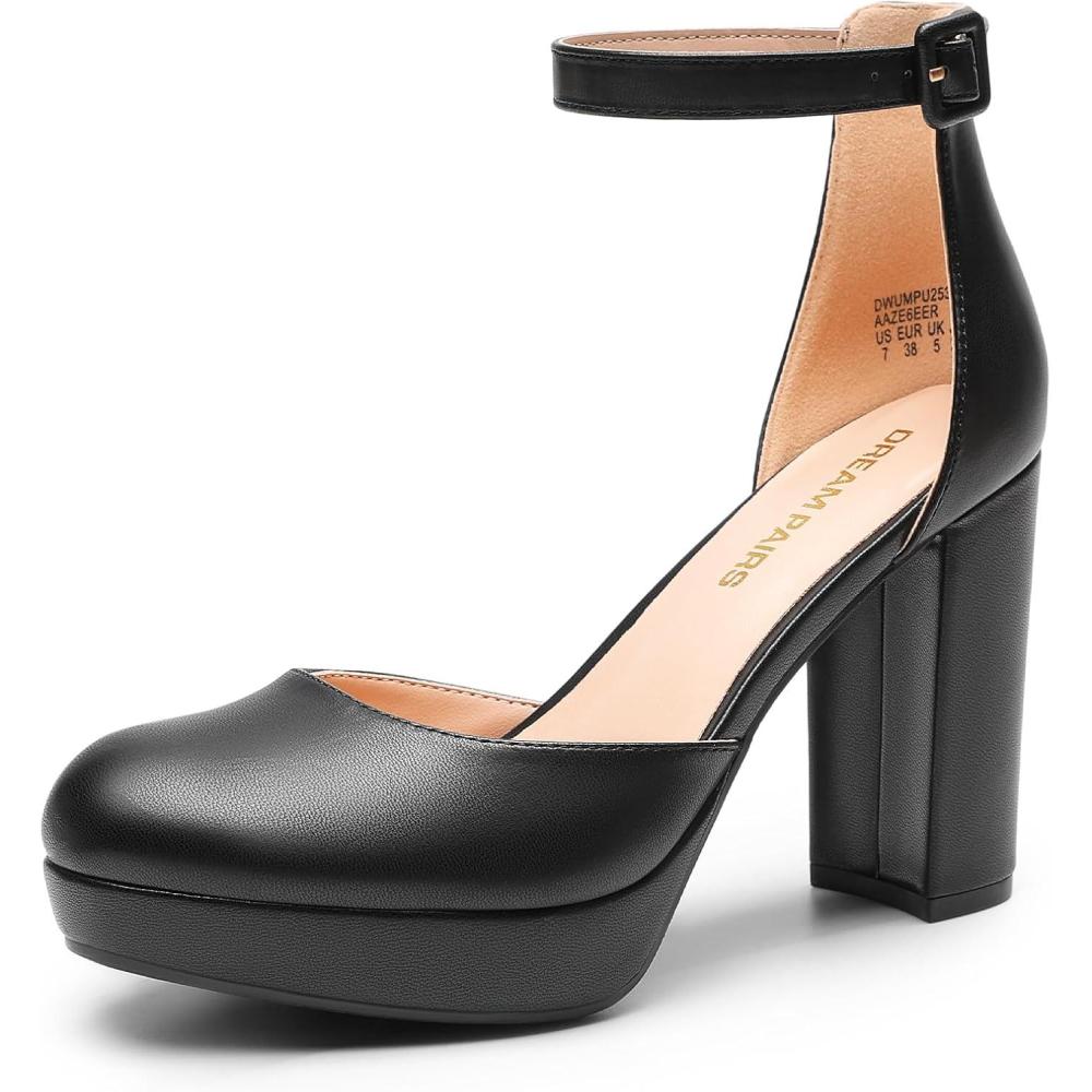 imageDREAM PAIRS Womens Platform Chunky High Heels Closed Toe Block Ankle Strap Dress Bridal Party Wedding ShoesBlackpu