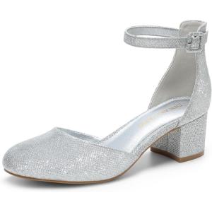 imageDREAM PAIRS Womens Closed Round Toe Low Block Heels Ankle Strap Chunky Heel Pumps Dress Wedding Office Party ShoesSilver