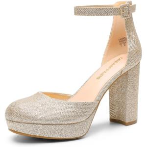 imageDREAM PAIRS Womens Platform Chunky High Heels Closed Toe Block Ankle Strap Dress Bridal Party Wedding ShoesGold