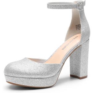 imageDREAM PAIRS Womens Platform Chunky High Heels Closed Toe Block Ankle Strap Dress Bridal Party Wedding ShoesSilver